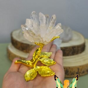 Rosa Decorativa Banhada em Ouro com Pontas de Cristal de Rocha