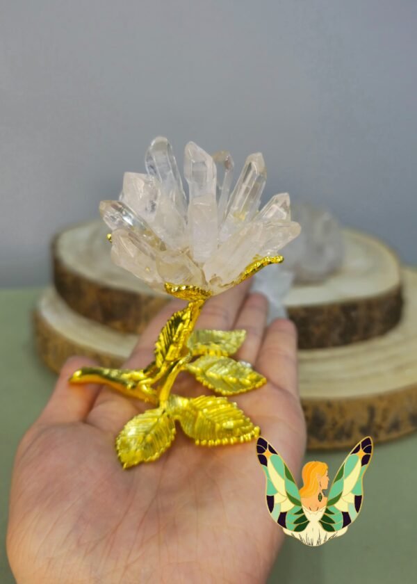 Rosa Decorativa Banhada em Ouro com Pontas de Cristal de Rocha